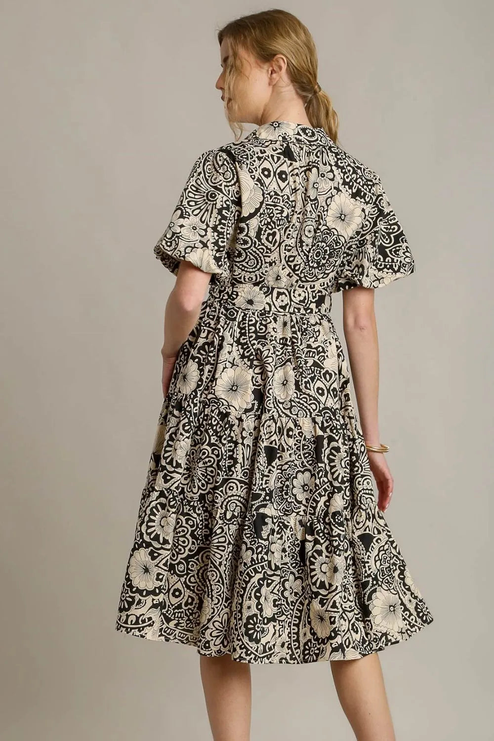 Umgee Midi Dress Floral Ruffle Black Mixed Print A-Line Tiered Short Sleeve