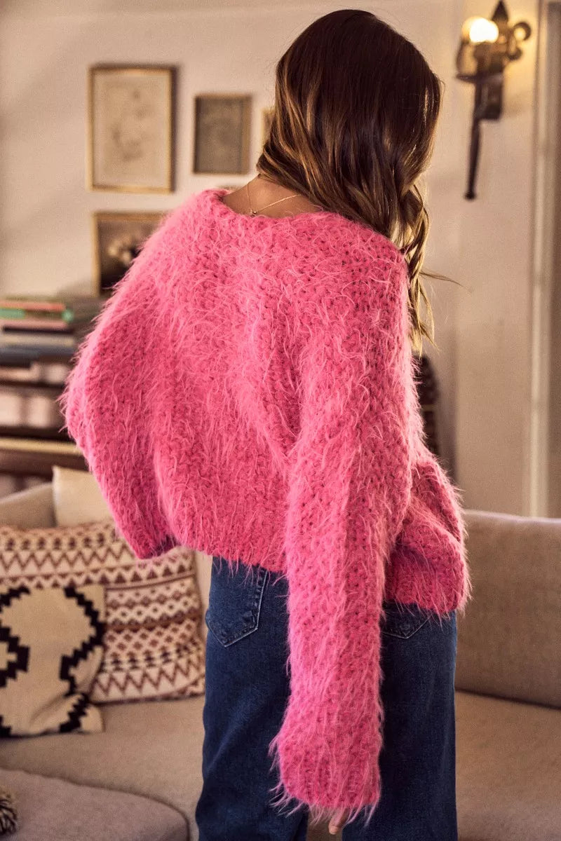 SO ME Womens Cardigan Pink Soft Touch Hairy Loose Fit Cozy Sweater 8e8dddb64e7442d8ab2c485ac6c672ef-Max-Origin Trendsi