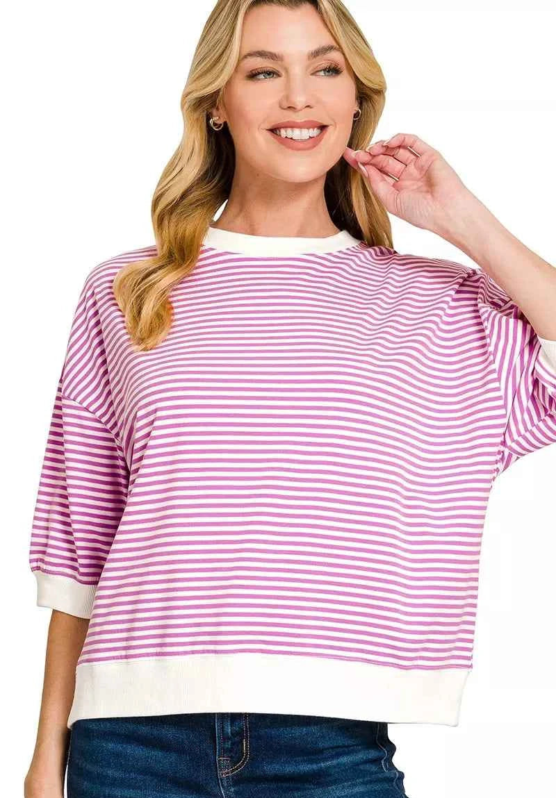 Zenana Women T-shirt Mauve Striped Contrast Trim Banded Bottom Top BRIGHT MAUVE 8e90ae2d05b641a1b855fe78d4fd47a1-Max-Origin Trendsi