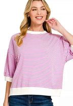 Zenana Women T-shirt Mauve Striped Contrast Trim Banded Bottom Top BRIGHT MAUVE 8e90ae2d05b641a1b855fe78d4fd47a1-Max-Origin Trendsi