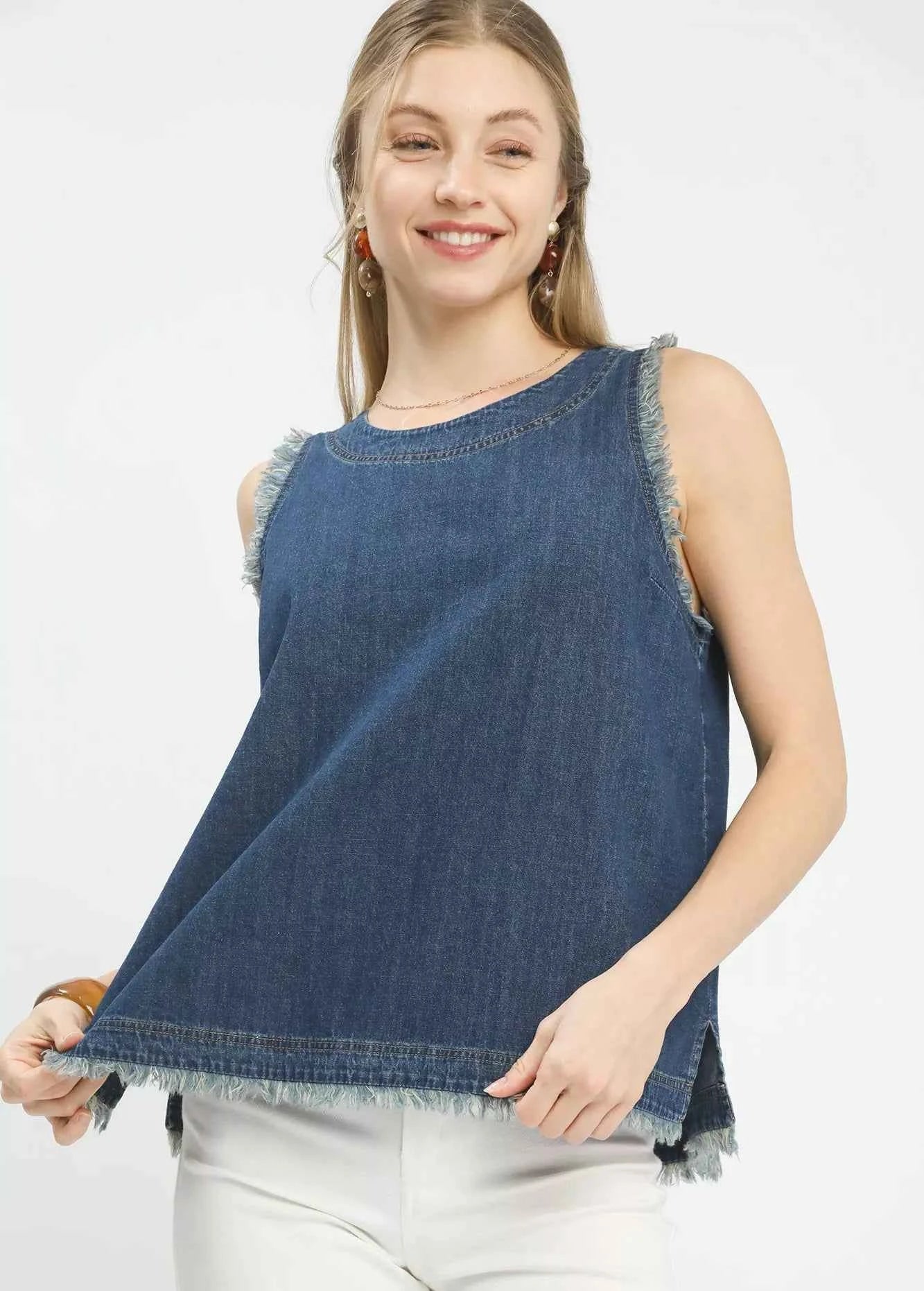 Umgee Denim Top Blue Sleeveless Fringe Hem Blouse DENIM 8e91a915-6506-4421-b902-0db16edf13f9-Max-Origin Trendsi