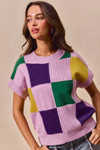 SO ME Casual Sweater Top Women Mardi Gras Check Plaid Short Sleeve Top 8e97e7147cde49649a0a2c651f29e3c0-Max-Origin Trendsi