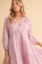 Aemi + Co Mini Dress Cotton Notched Balloon 3/4 Sleeve Lilac Ruffle Tiered 8e9d6ef3-395a-4d50-a8eb-cedd862b7033-Max Trendsi