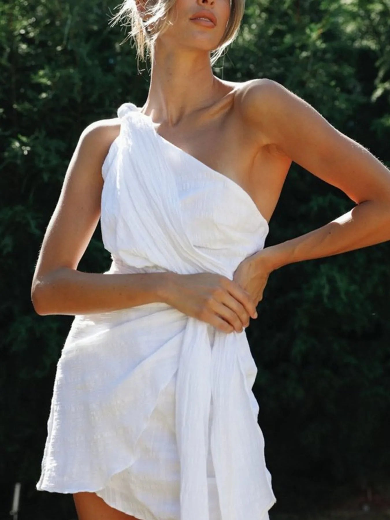 Mini Dress Ruched One-Shoulder Asymmetrical Side Tied Cotton Blend 8ea2e0cb-df7c-45b0-9da4-ebd24e8ca51a-Max-Origin Trendsi