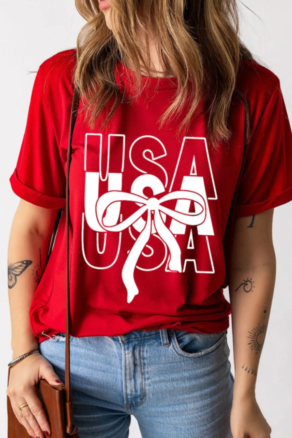 Women's T-Shirt Patriotic USA Bow Graphic Print Red Short Sleeve Top Tees 8ea68d9c-f278-482f-aa93-e5cb43a1d856-Max-Origin Trendsi