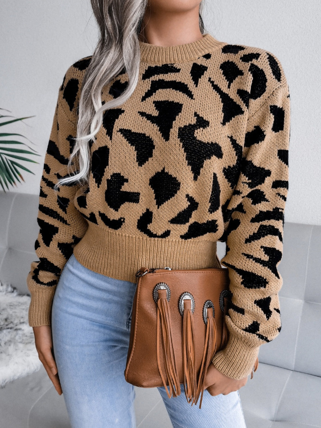 Leopard Women Sweater Cropped Round Neck Long Sleeve Soft Knit Pullover