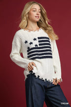 Umgee Women's Sweater Cream American Flag Distressed Hem Pullover 8eccba35-d8ab-48d5-ad79-8eed05720b5d-Max-Origin Trendsi