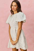 SO ME Jacquard Mini Dress White Floral Bubble Shorts Sleeves 8eccf008c5ec482295310f0cc210aa52-Max-Origin Trendsi