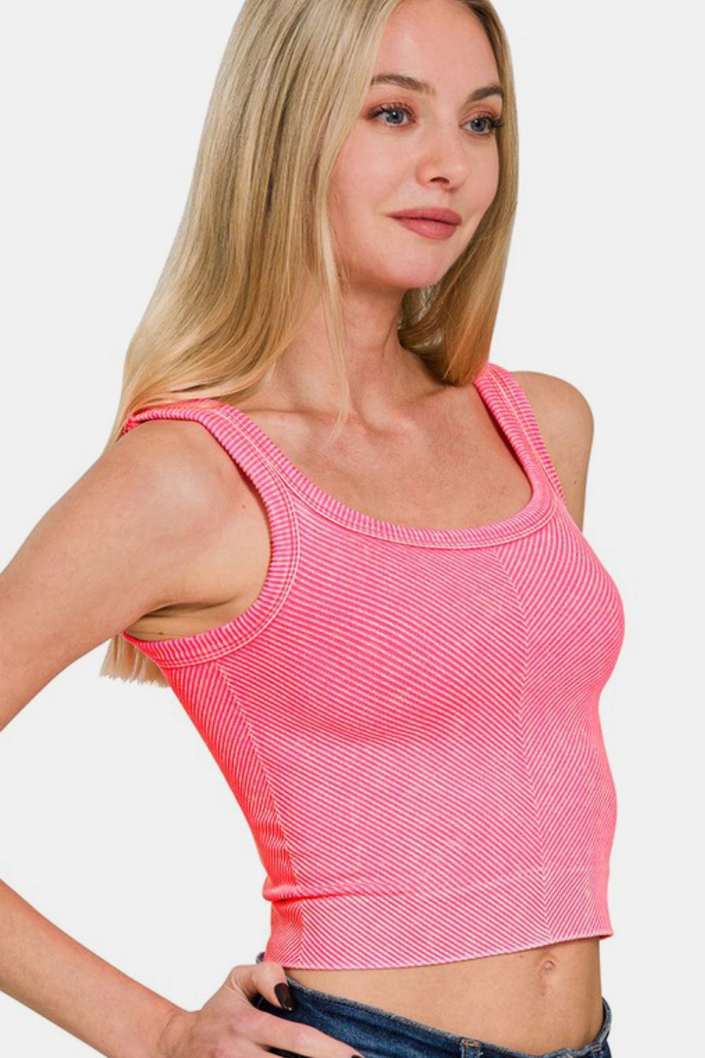 Zenana Tank Top Cropped Washed Ribbed Scoop Neck Wide Strap Coral Fuchsia