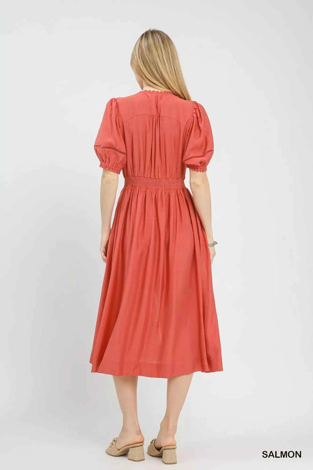 Umgee Midi Dress Orange Zip-Front Smocked Waist Short Puff Sleeves 8ecee7ca-c5f6-4843-9ebf-af9ea2f9102e-Max-Origin Trendsi