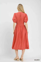 Umgee Midi Dress Orange Zip-Front Smocked Waist Short Puff Sleeves 8ecee7ca-c5f6-4843-9ebf-af9ea2f9102e-Max-Origin Trendsi
