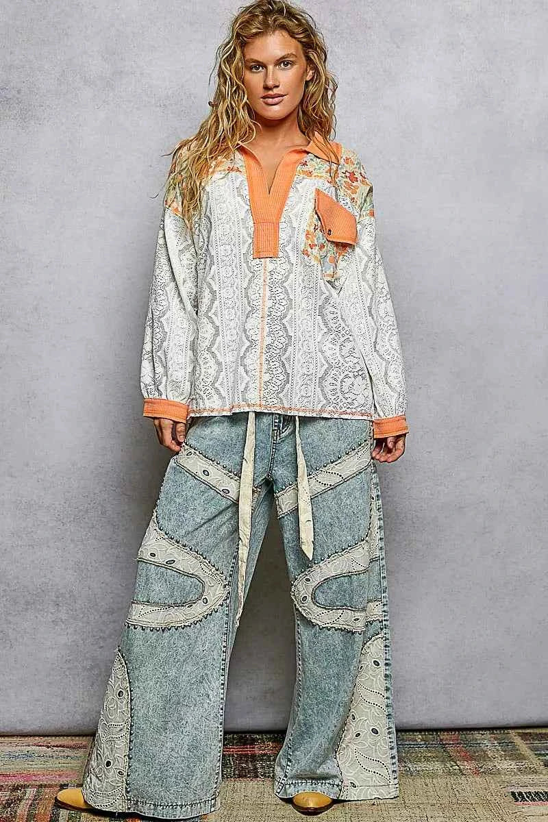 POL Floral Print Long Sleeve Lace Shirt with Front Pocket