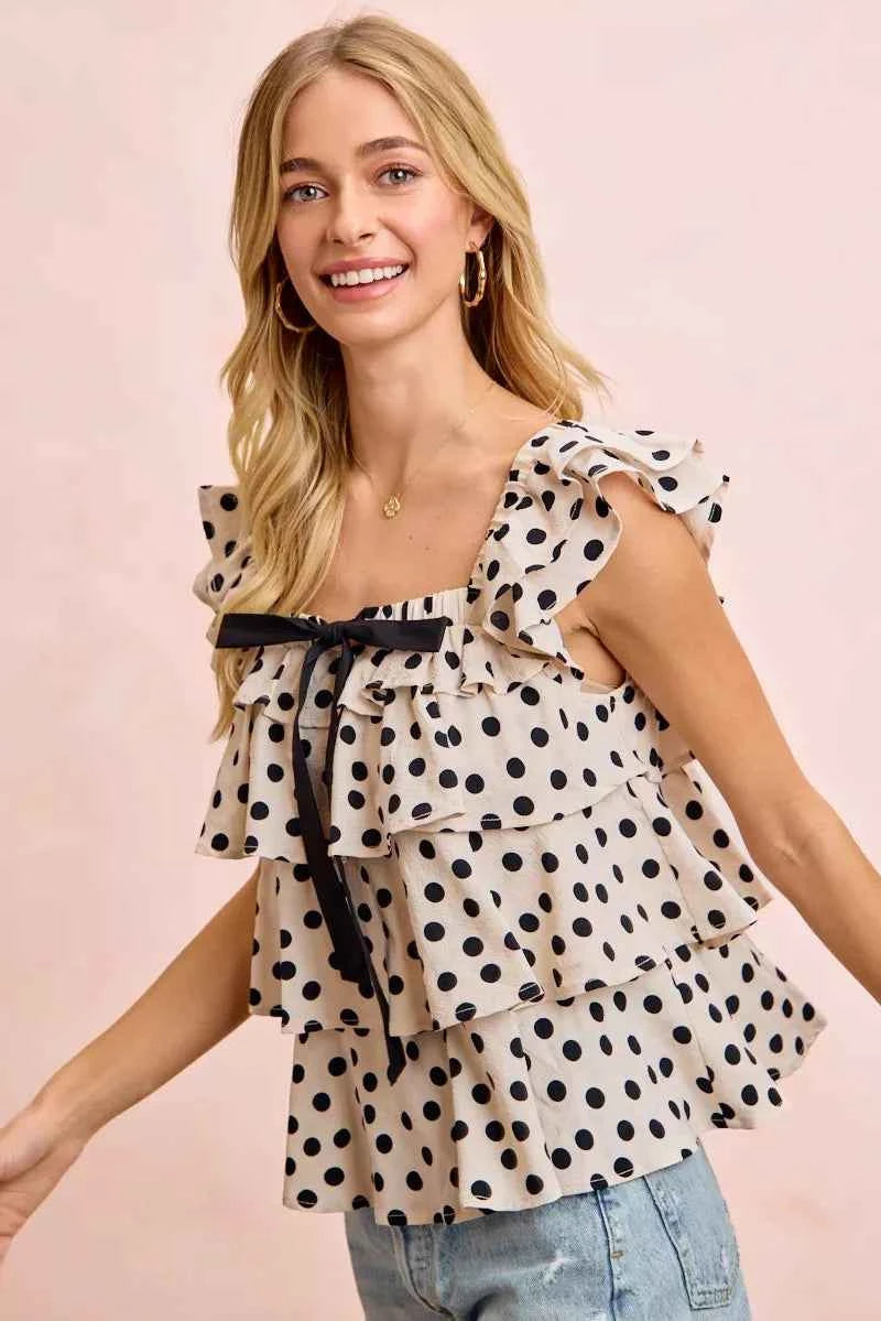 BiBi Polka Dot Ruffled Bow Tied Square Neck Sleeveless Top
