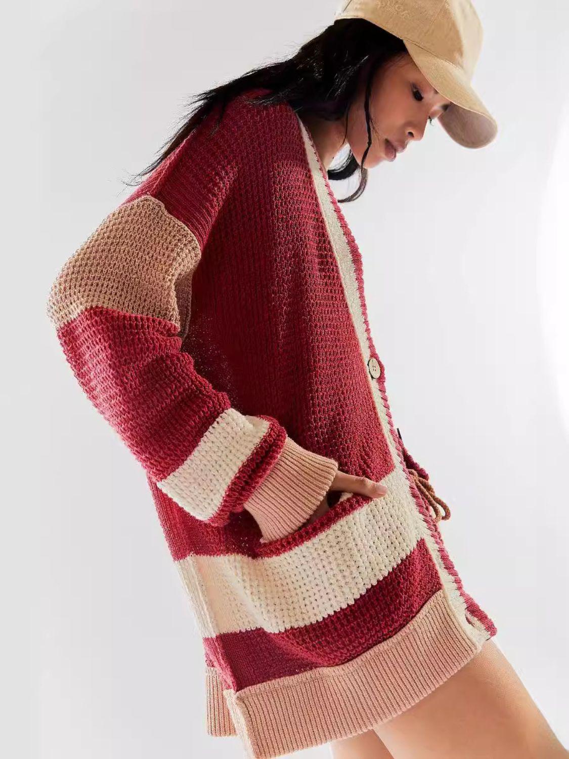 Pocketed Cardigan Contrast V-Neck Long Sleeve Knitwear Scarlet 8ed2bce5-a038-444c-a6f9-0d1d86af7171-Max Trendsi