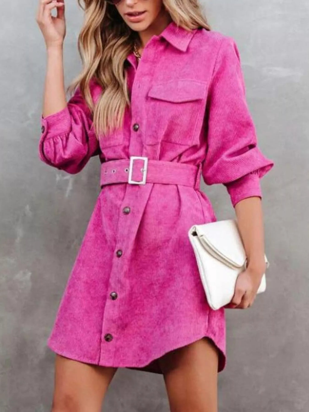 Corduroy Mini Shirt Dress Button Front Belt Long Sleeve 8ed99cd2-bf7d-414d-a1b4-39181d66100f-Max-Origin Trendsi