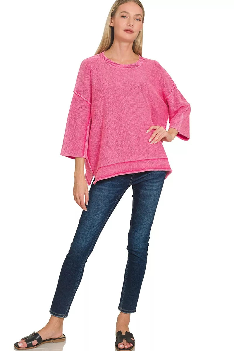 Zenana Womens Boxy Sweater Hot Pink Washed 3/4 Sleeve Top 8eecbe0a061b40a499a41a71a6dc32a0-Max-Origin Trendsi