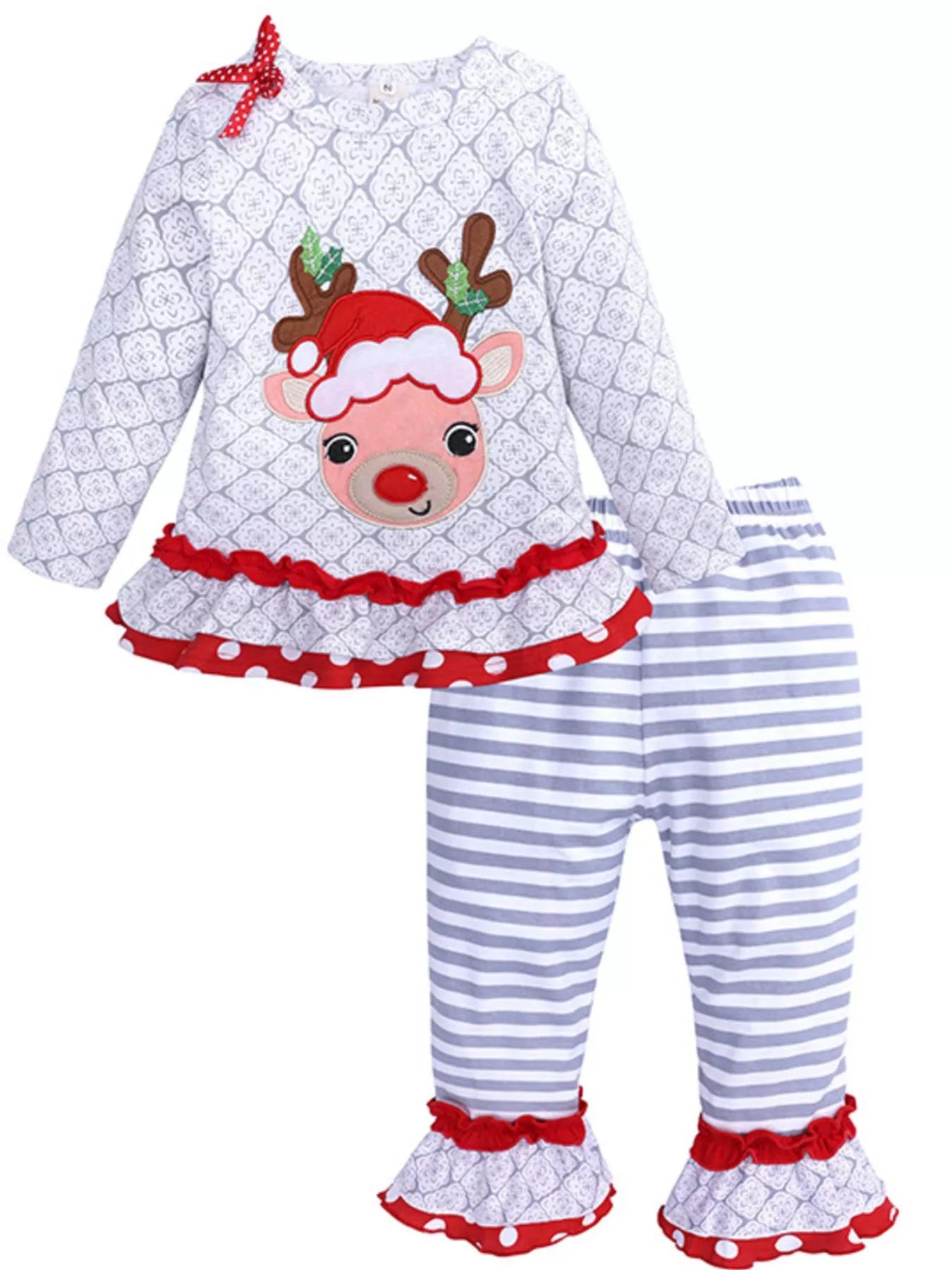 Christmas Girl's Set Children's Reindeer Ruffle Trim Outfit Set 2 Pcs