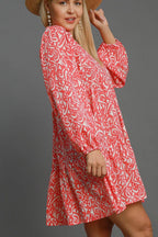 Umgee Mini Dress Coral Mix Two Tone Print Balloon Sleeve Tiered 8f09923d-32eb-4c86-88f8-6db6e22f182e-Max Trendsi
