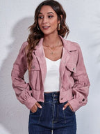 Cropped Jacket Women's Button Down Collared Long Sleeve with Flap Pockets 8f11748f-5052-4107-a10d-d8c3526fe5c7-Min Trendsi