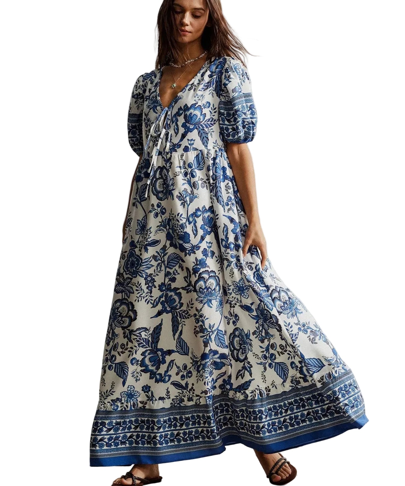 Floral Print Tie-Neck Puff Sleeve Maxi Dress