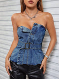 Denim Top Strapless Buttoned Raw Hem Tube Belted Medium 8f14732d-be6c-4c8d-939b-9cb9d9b4dd38-Max Trendsi