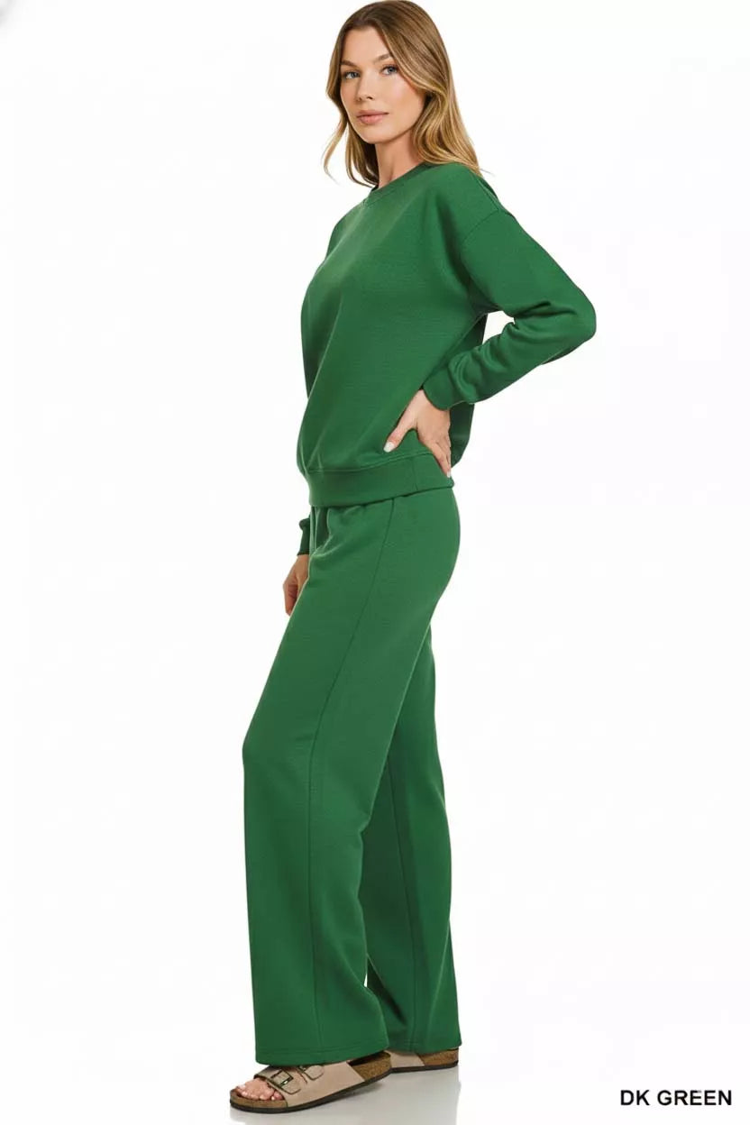 Zenana Womens Outfit Set Dark Green Scuba Crewneck Pullover and Pants 8f26bfad-bb26-45a1-9c7d-5c9f245206bf-Max-Origin Trendsi