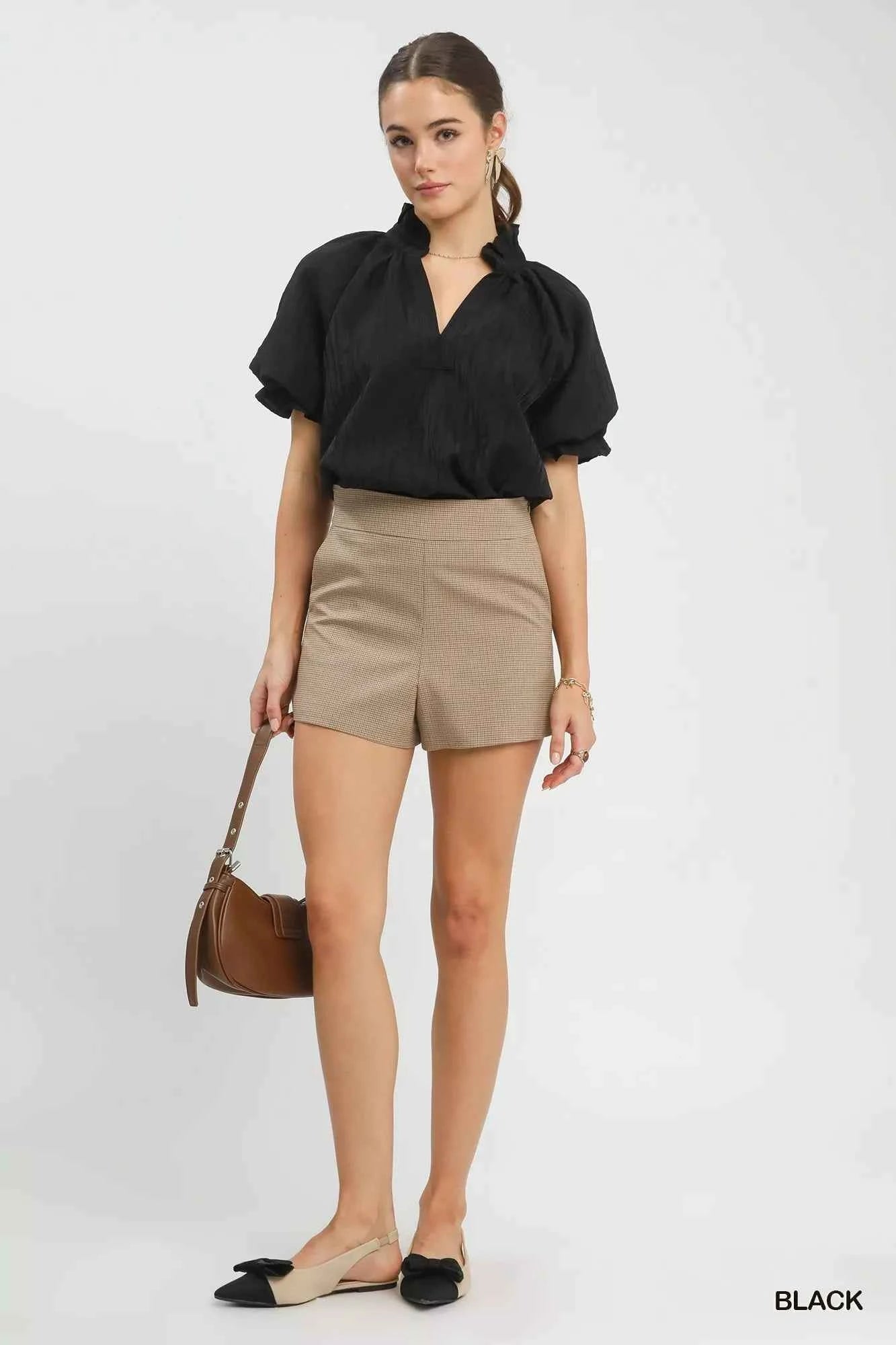 Umgee Textured Puff Sleeve Split Neck Top