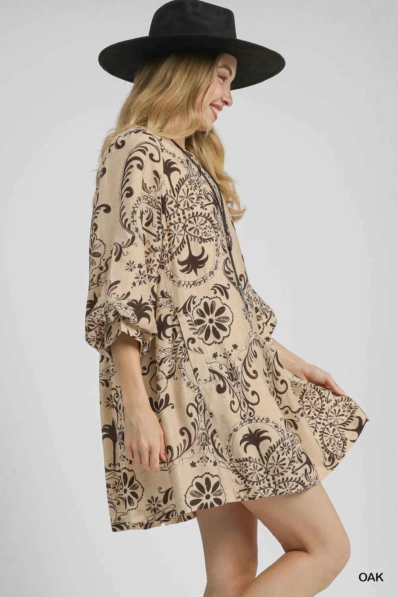 Umgee Boho Printed Balloon Sleeve Mini Dress