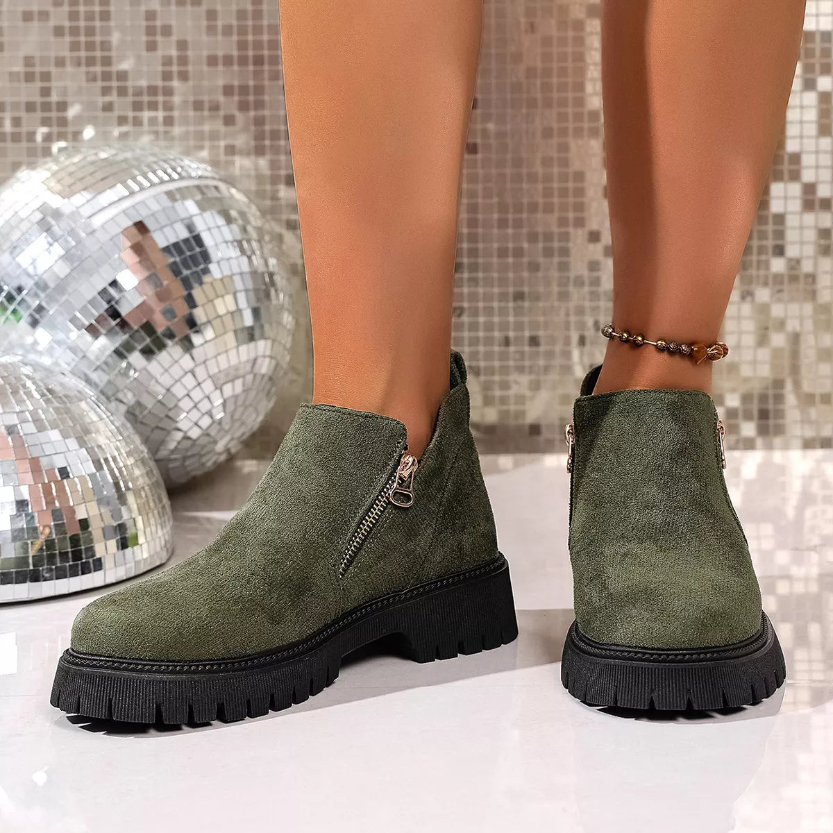 Women's Ankle Boots Faux Suede Round Toe Side Zip Mid Heels Shoes 8f308af8e859492baaa0379511411360-Max-Origin Trendsi