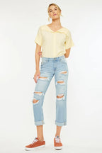 Kancan Boyfriend Jeans Women's Mid Rise Distressed Light Washed LIGHT 8f3381a51e0147ee952e82d90d3ab0cf-Max-Origin Trendsi