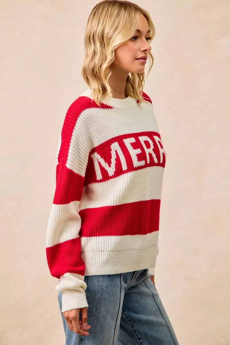 BiBi Christmas Women's Sweater Ivory Red Stripe Merry Lettering Oversized 8f3958de915a44b3b3489b33b8b059b6-Max-Origin Trendsi
