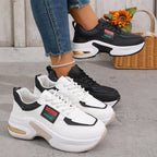 Round-Toe Lace-Up Sneakers with High Heel, PU Leather and Rubber, Imported