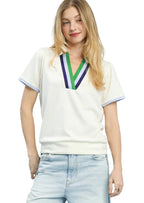 Umgee Luxe Knit V-Neck Short Sleeve Top with Contrast Trim