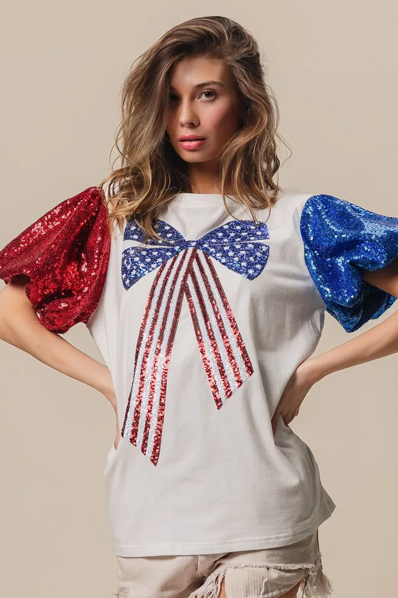 BiBi Cotton T-shirt Sequin American Flag Bow Top Short Puff Sleeve 8f65a665ea7642f0b4a74a62dfbe8c57-Max-Origin Trendsi