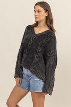 HYFVE Cable Knit Sweater Oversized V-Neck Long Sleeve 8f75d32a-310b-4fd1-bd36-4187b122b8a8-Max Trendsi