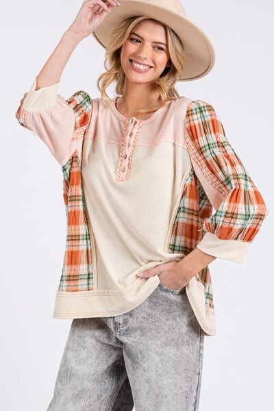 SAGE + FIG Plaid Top Exposed Seam Button Detail 3/4 Sleeve PINK 8f7876aa-8b34-4341-a32a-6b61860f6485-Min Trendsi