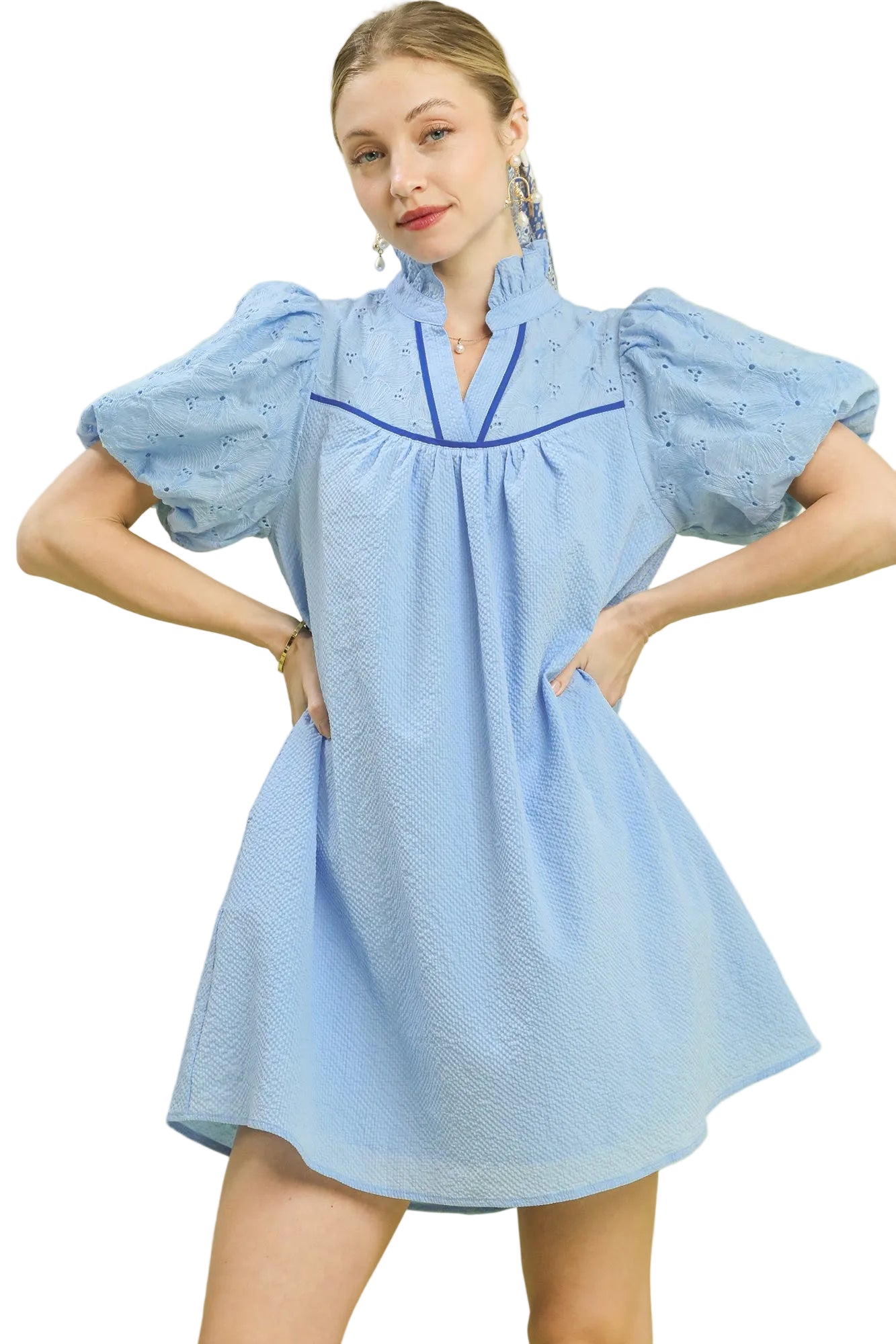 Umgee Puff Sleeve Textured Babydoll Mini Dress