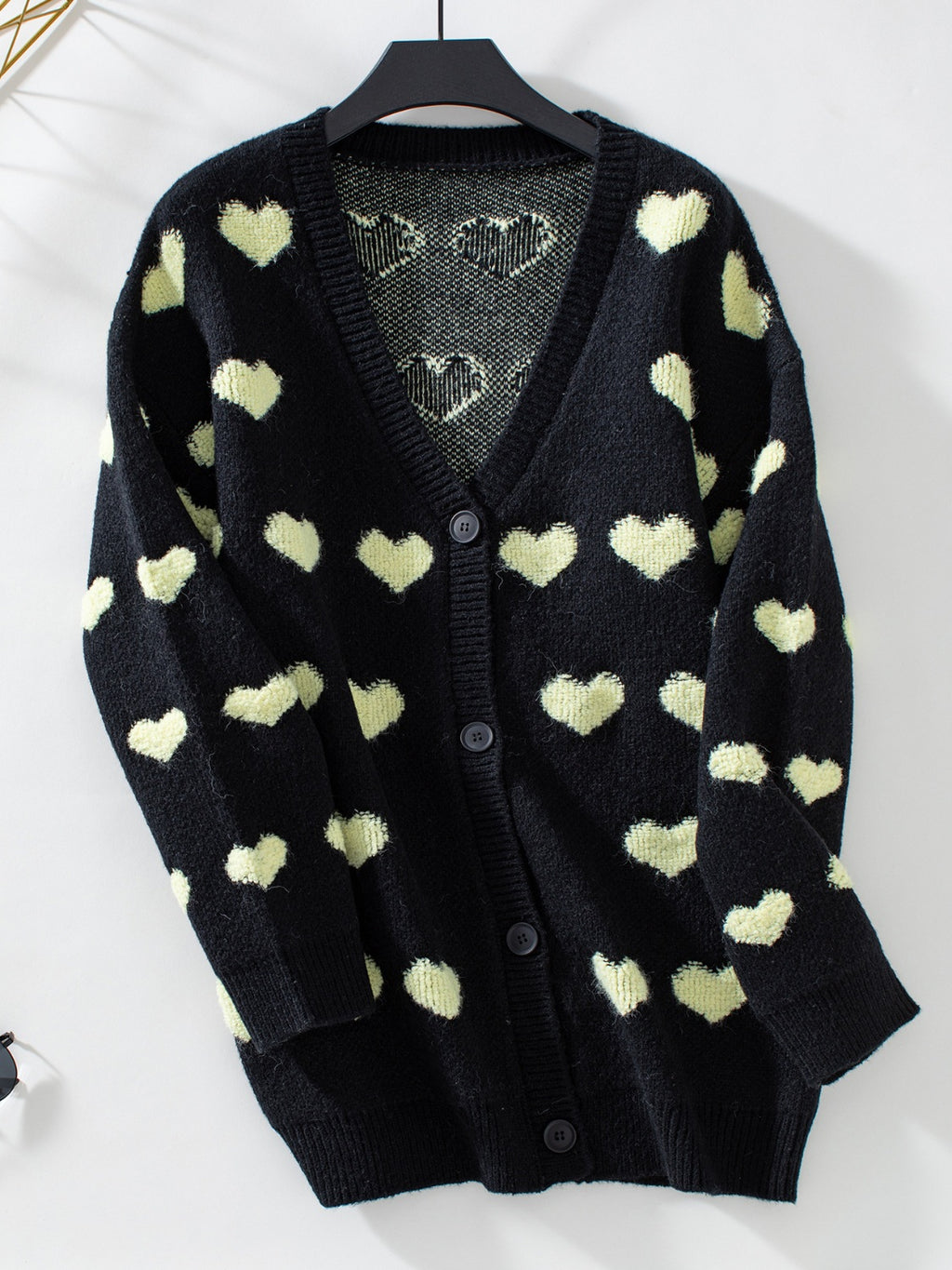 Women Cardigan Heart V-Neck Button Up Long Sleeve Soft Acrylic Knitwear Black