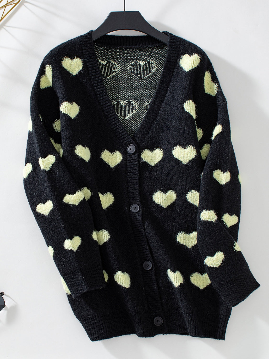 Women Cardigan Heart V-Neck Button Up Long Sleeve Soft Acrylic Knitwear Black