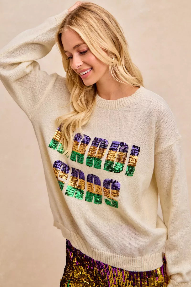 BiBi Women Sweatshirt Ivory Mardi Gras Sequin Lattering Knit Top 8f809b6d2a0f487d9667f892a631ade6-Max-Origin Trendsi