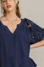 Umgee Linen Top Dark Navy French Terry Boxy Cut Top with 3D Floral Short Sleeve 8f8c8d13-0a6c-4513-8aa3-a0ff566da84c-Max Trendsi
