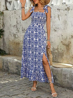 Perfee Maxi Cami Dress Blue Floral Smocked Square Neck Slit Bow Straps 8f8e2e10-bd17-4354-bce2-2c48d02b66f1-Min Trendsi