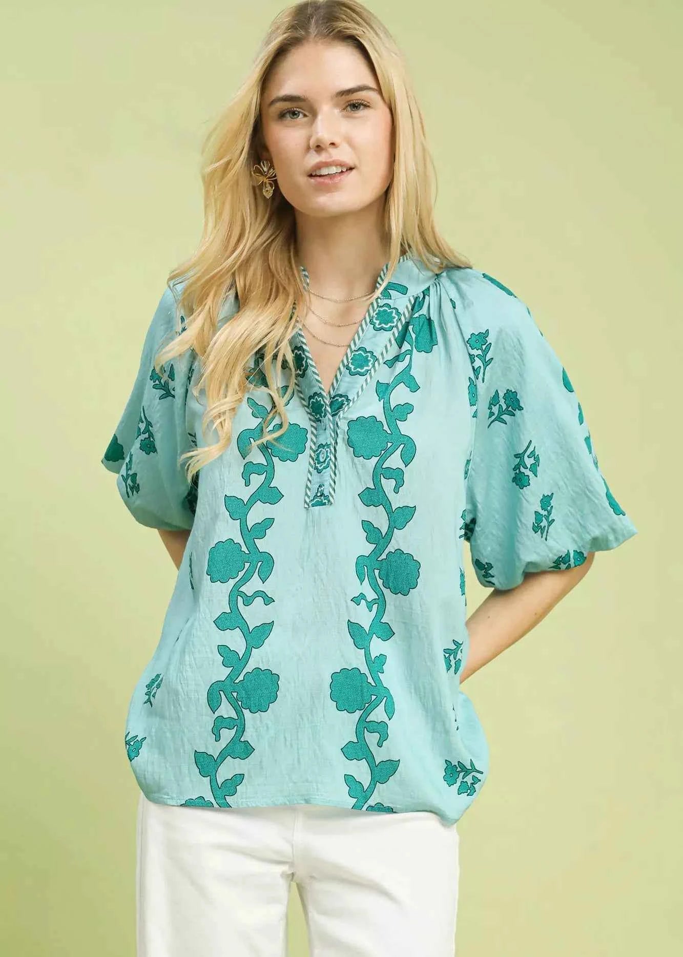 Umgee Blouse Collared Floral Print Teal Short Sleeve Buttoned Top TEAL 8f939b87-07dd-4a44-b40e-7a4930bda44e-Max-Origin Trendsi