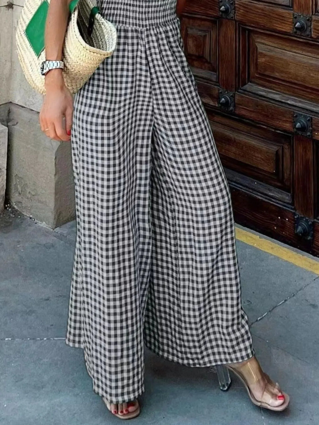 Women's Jumpsuit Gingham Plaid Smocked High Waist Wide-Leg Overall 8f9e12c1-ded8-4d81-ab6d-79051272285a-Max-Origin Trendsi