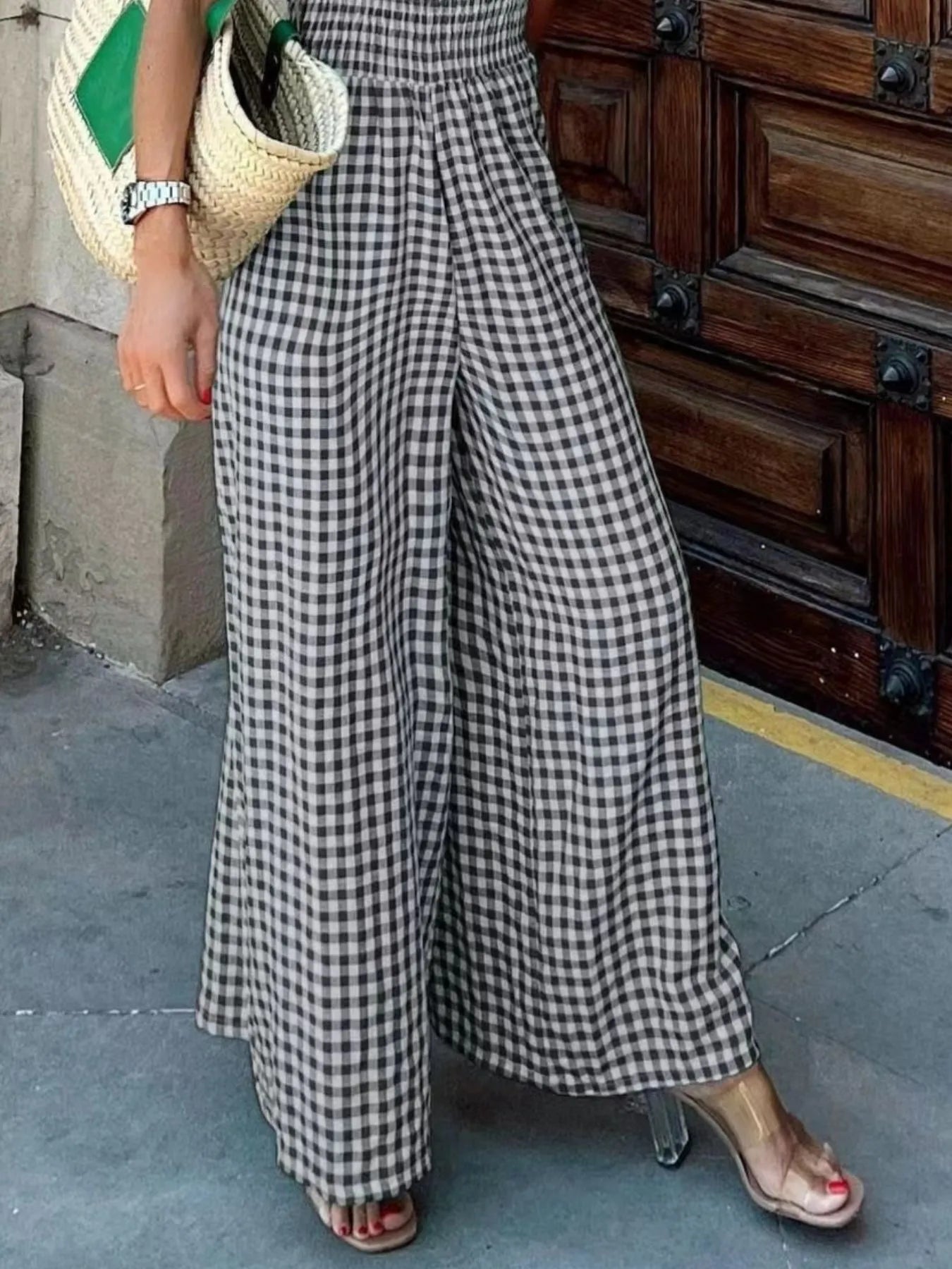 Women's Jumpsuit Gingham Plaid Smocked High Waist Wide-Leg Overall 8f9e12c1-ded8-4d81-ab6d-79051272285a-Max-Origin Trendsi