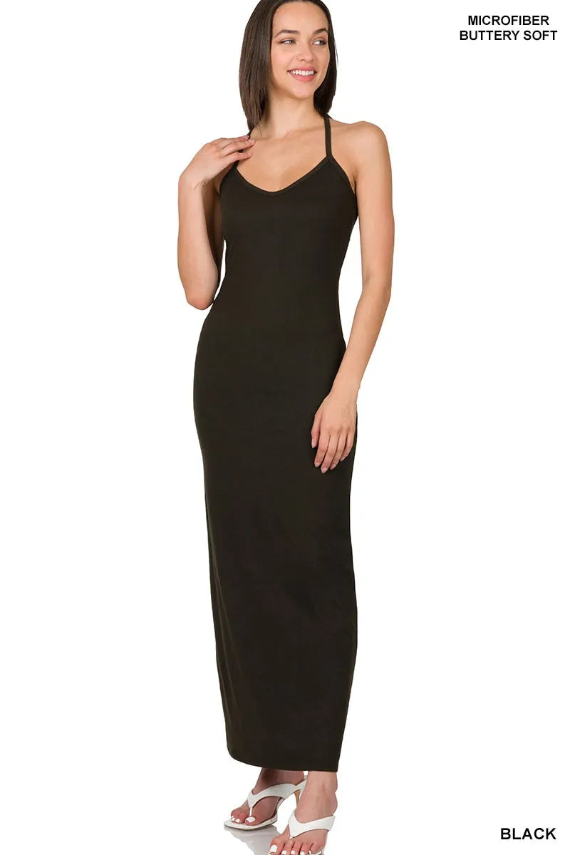 Zenana Maxi Dress Black Brushed Dty Thin Strap Racerback V-Neck BLACK 8fa345c9a8dd44e3ab8c4e50937db368-Max-Origin Trendsi