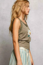 POL Washed Floral Stud Round Neck Slim Tank