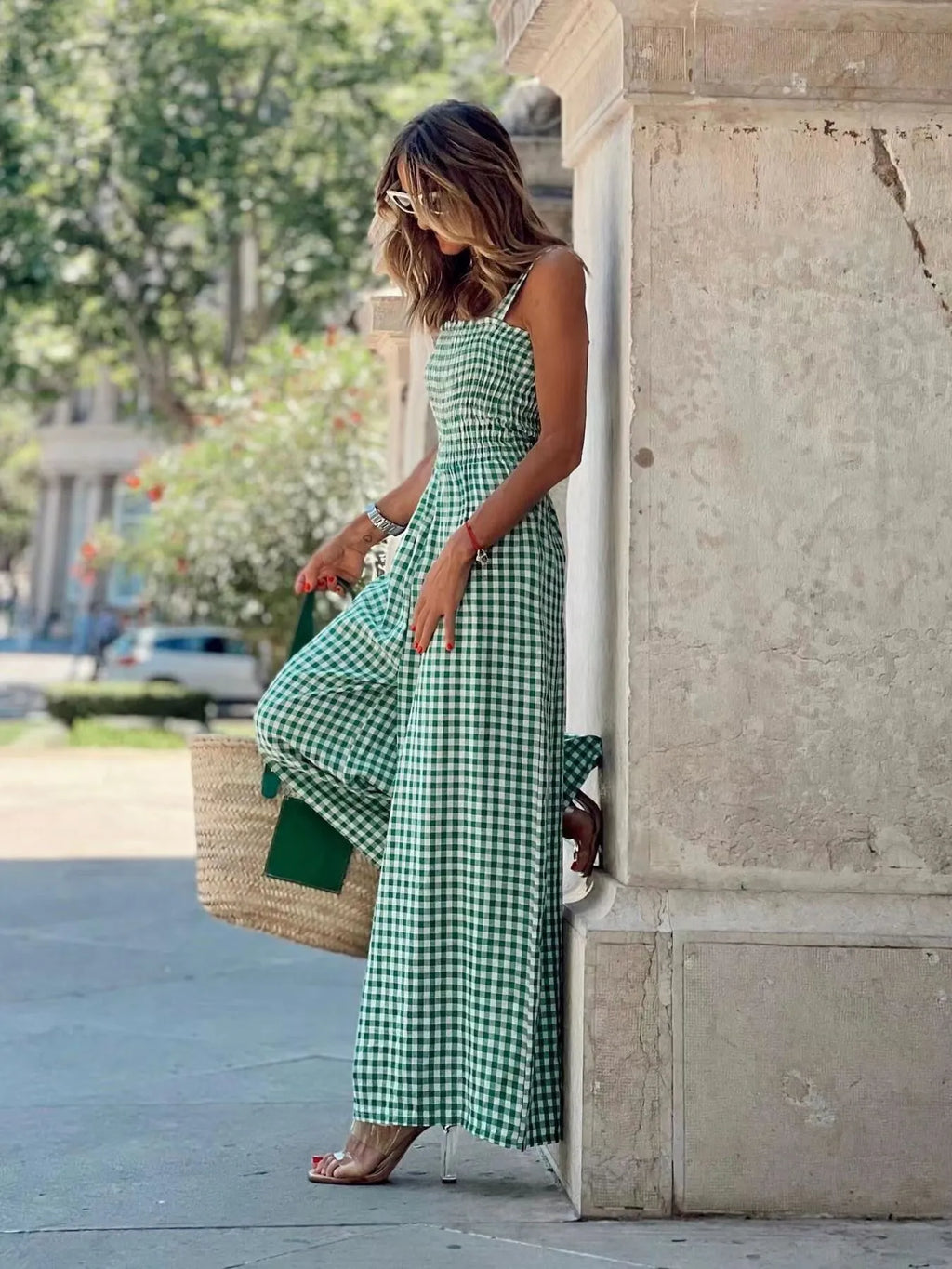 Women's Jumpsuit Gingham Plaid Smocked High Waist Wide-Leg Overall 8fae7d8a50c14db8a6410ebed2b7cea3-Max-Origin Trendsi