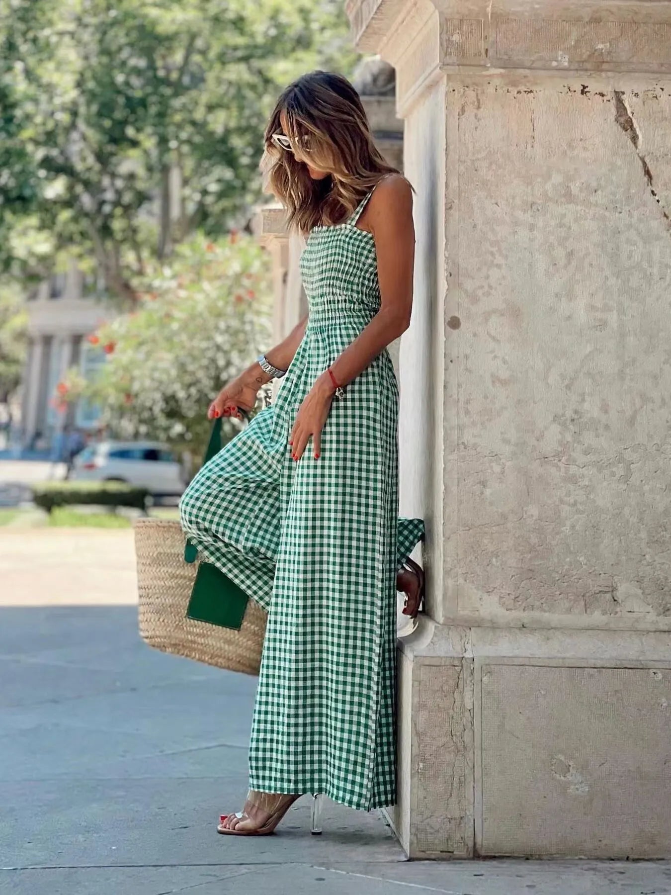 Women's Jumpsuit Gingham Plaid Smocked High Waist Wide-Leg Overall 8fae7d8a50c14db8a6410ebed2b7cea3-Max-Origin Trendsi