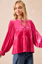 BiBi Womens Blouse Christmas Theme Velvet Bow Tied Ruffled Top 8fba5498f10640299d4d3ff45c04668e-Max-Origin Trendsi